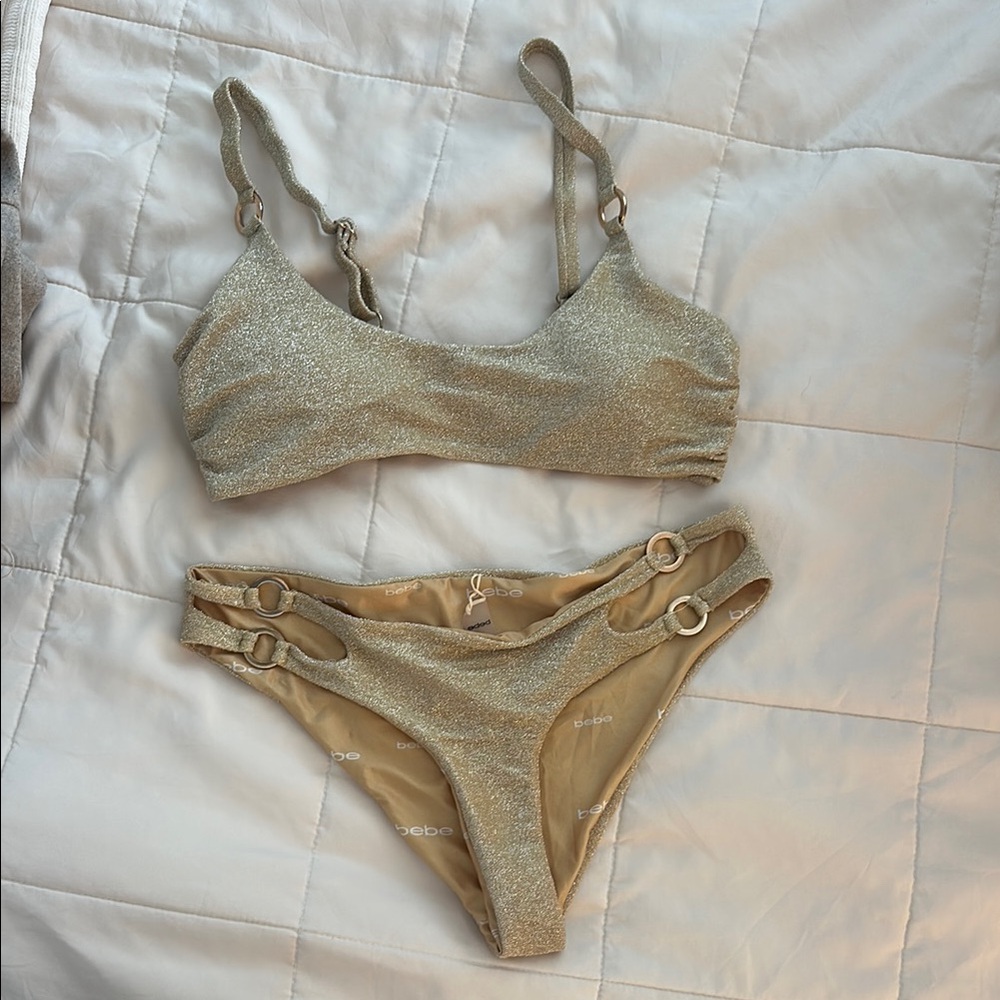 BEBE Gold Bikini Set with Ring Accents
